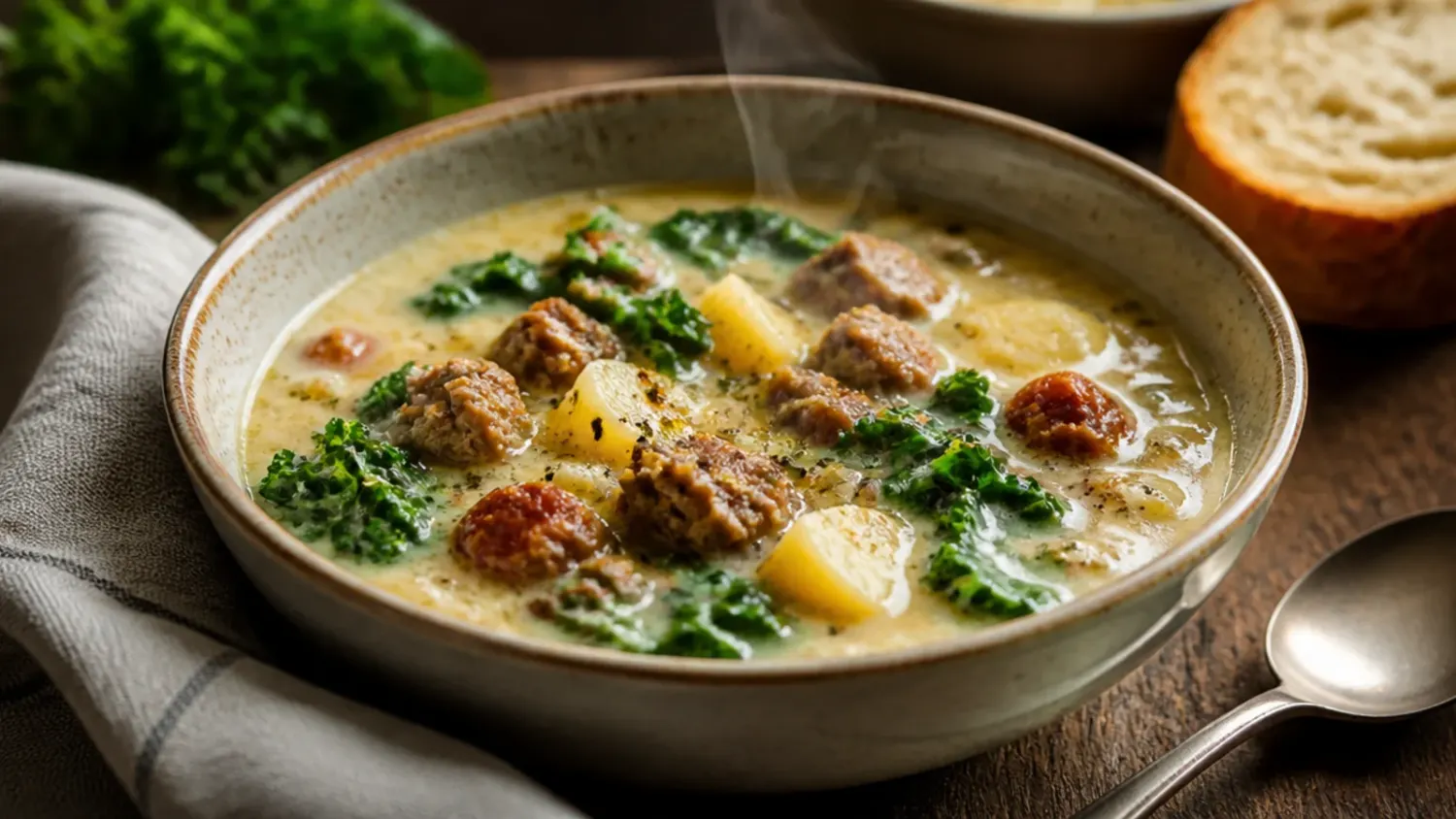 Overhead shot of a bowl of creamy zuppa toscana soup with Italian sausage, potatoes and kale, garnished with grated parmesan