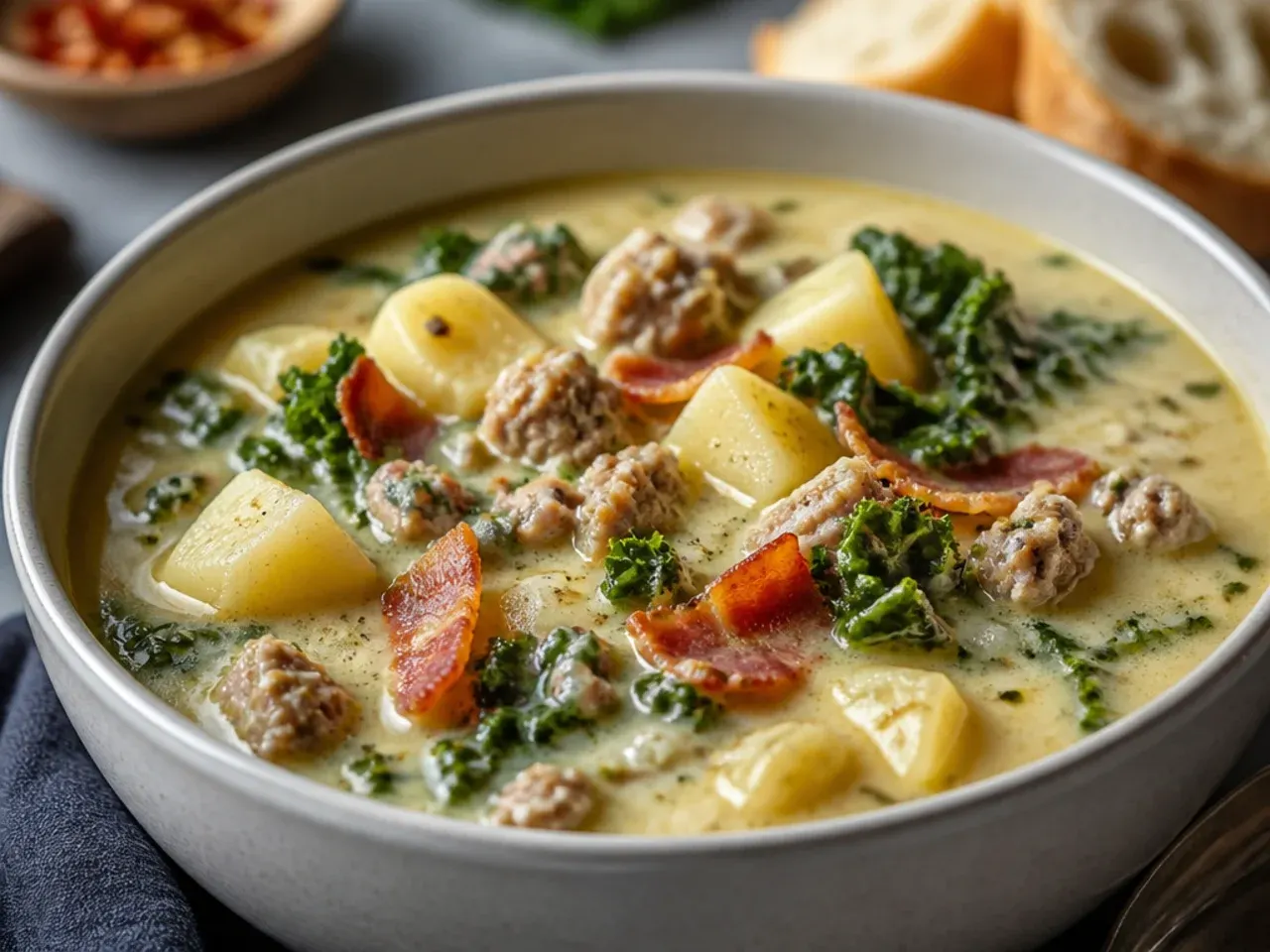 Steaming pot of zuppa toscana soup on the stove with sausage, kale and potatoes visible