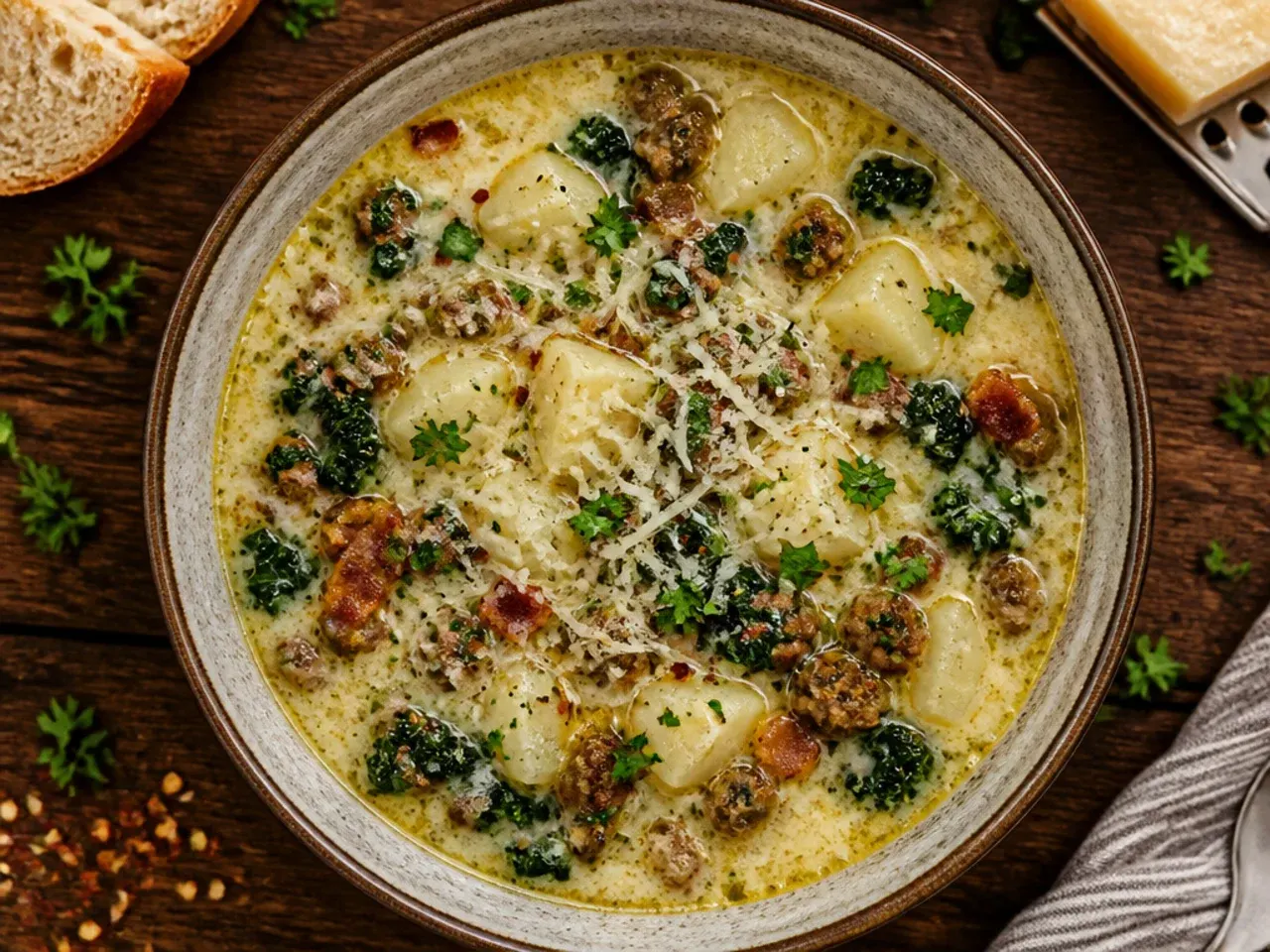 Classic zuppa toscana soup with sausage, bacon and kale in a white bowl