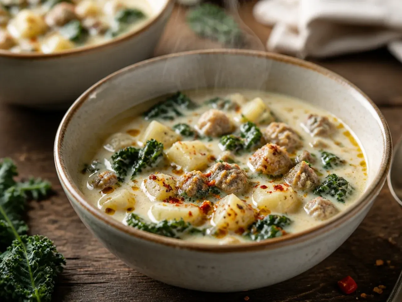 Easy zuppa toscana soup with baby potatoes and pancetta in a stockpot