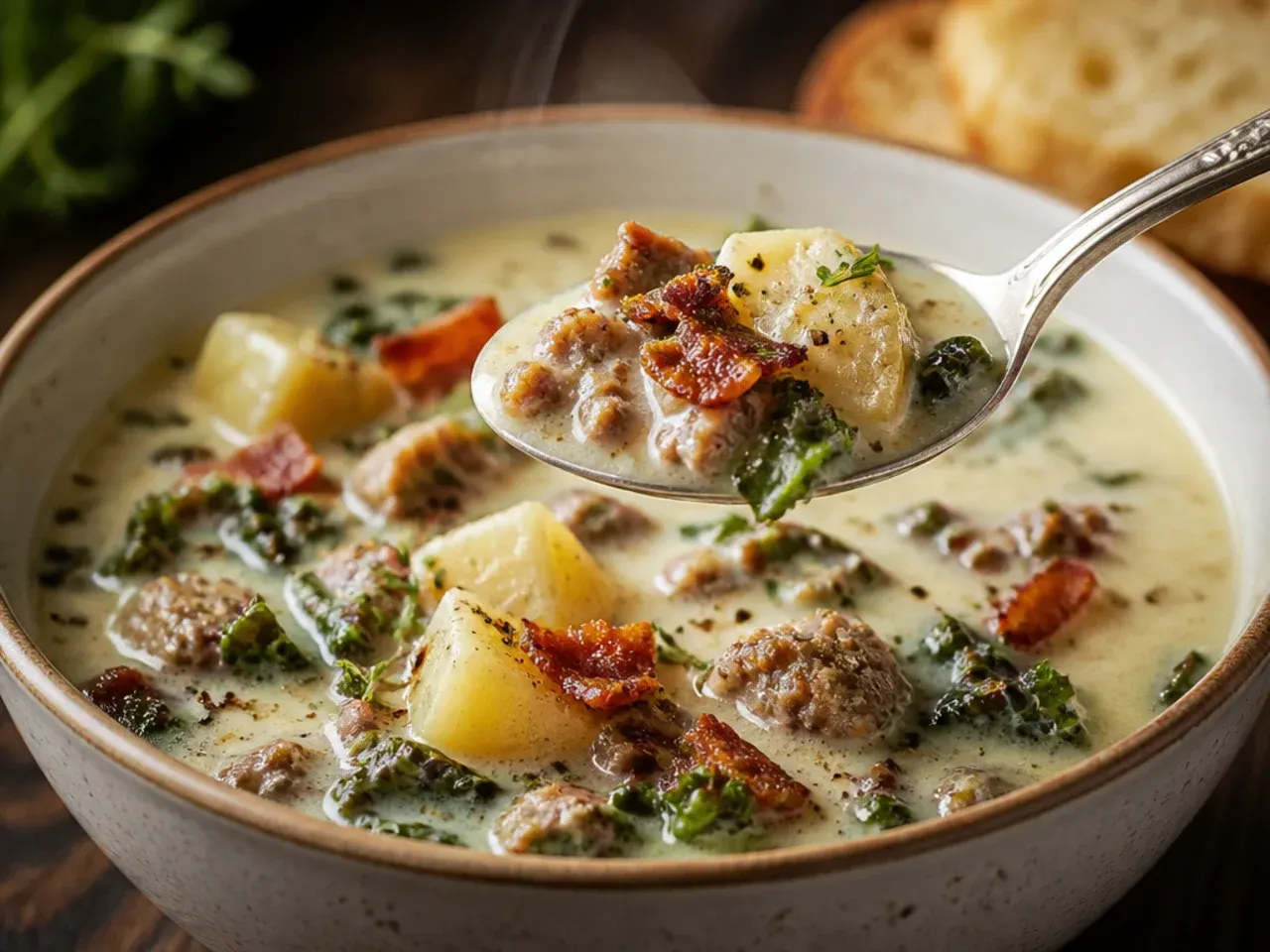 Hearty zuppa toscana soup with cannellini beans and extra sausage in a deep bowl