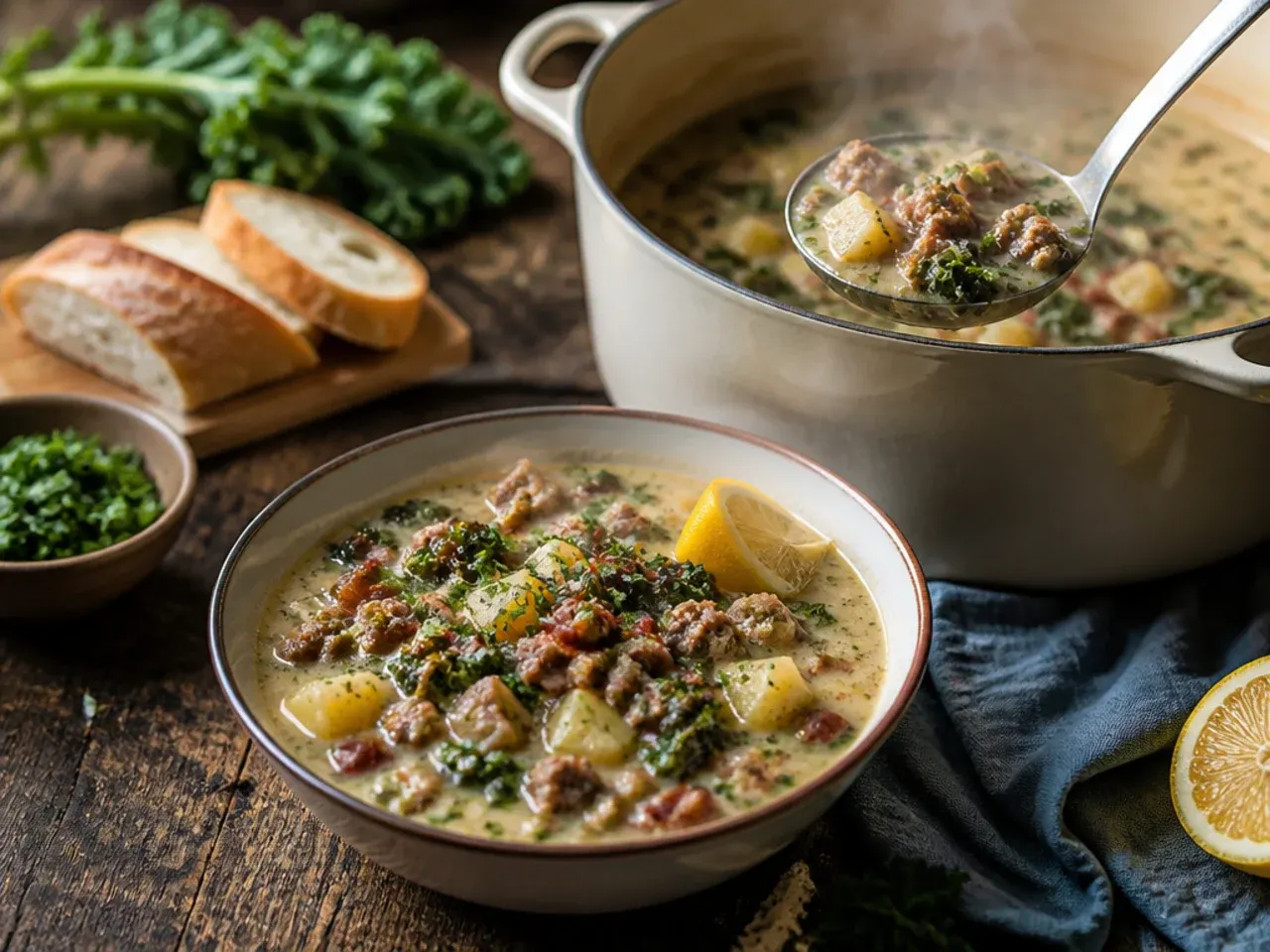 Cozy bowl of zuppa toscana soup with melted butter and steam rising