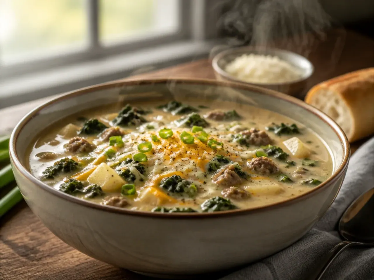 Close-up of extra creamy zuppa toscana soup showing a thick, silky broth