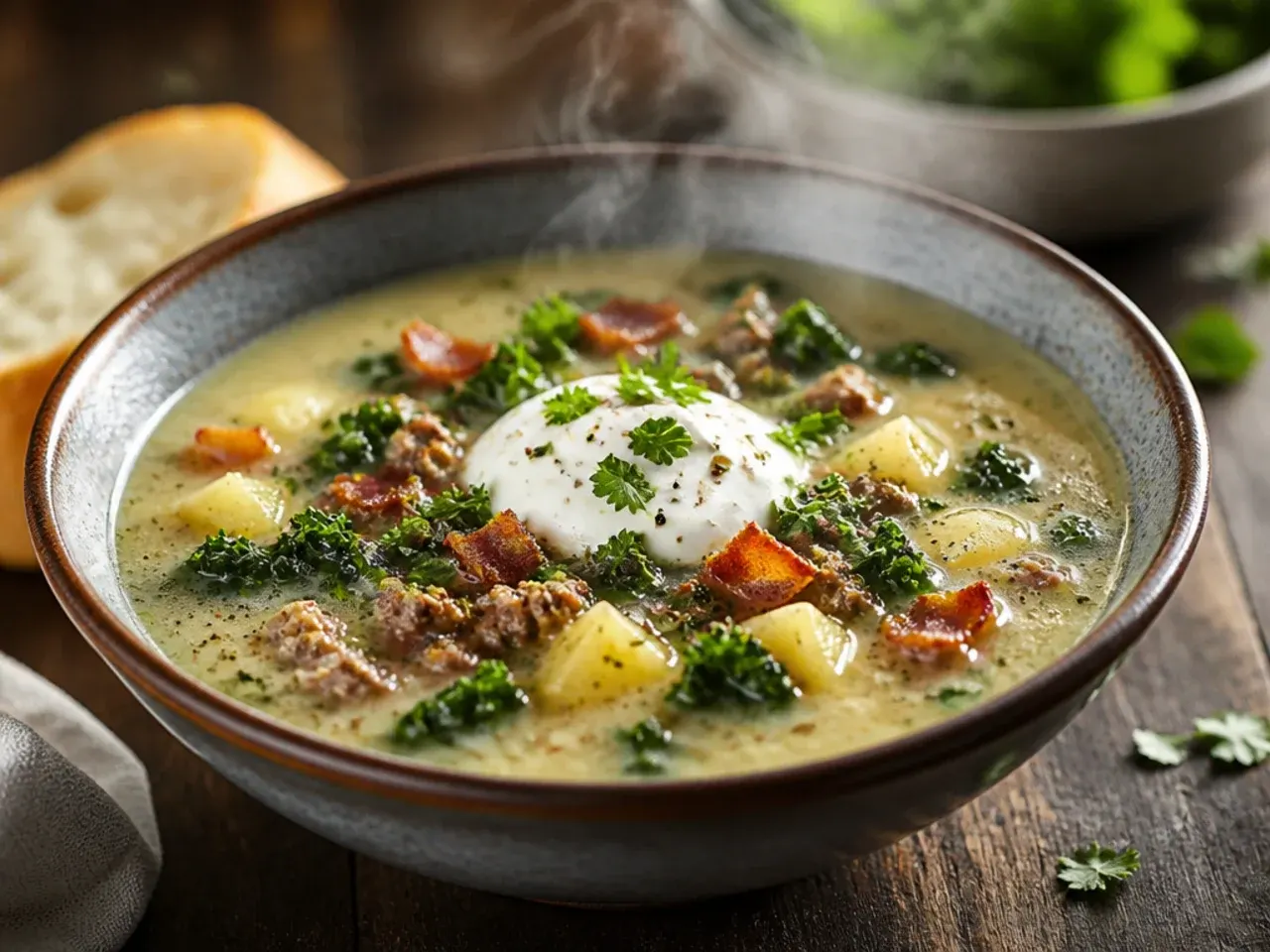 Cheesy zuppa toscana soup with melted mozzarella strands in a bowl