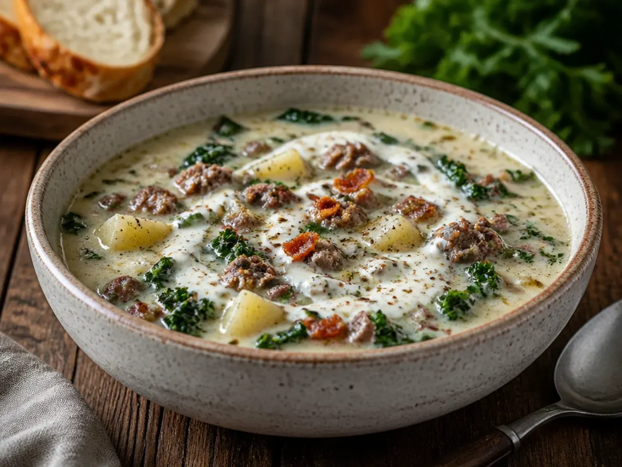 Comforting zuppa toscana soup ladled over garlic bread in a bowl