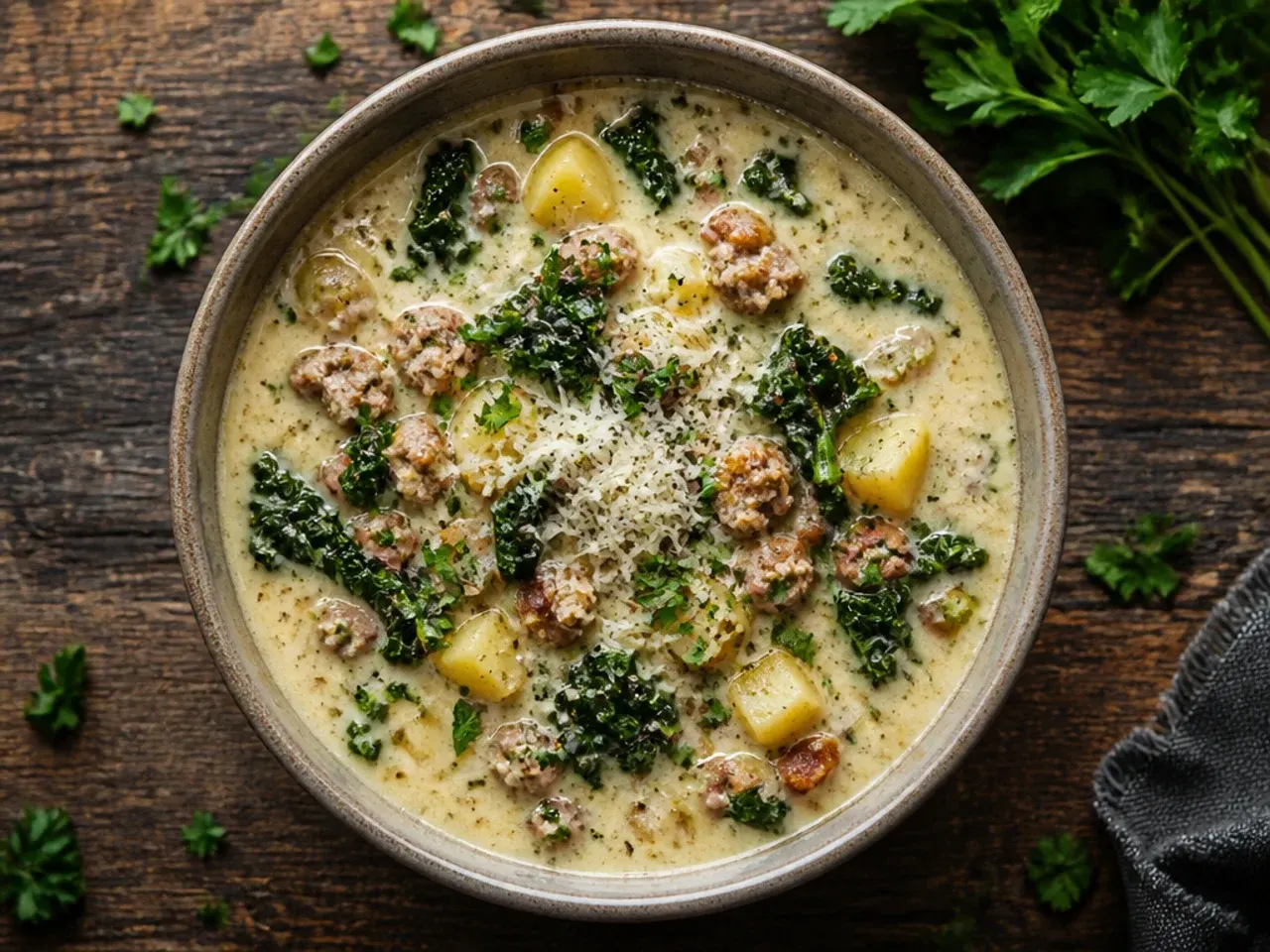 Budget-friendly zuppa toscana soup made with bacon and milk in a saucepan