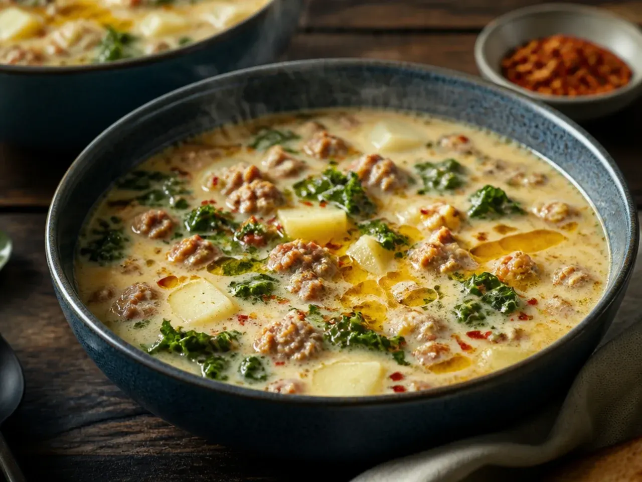 Quick weeknight zuppa toscana soup with sliced smoked sausage in a bowl