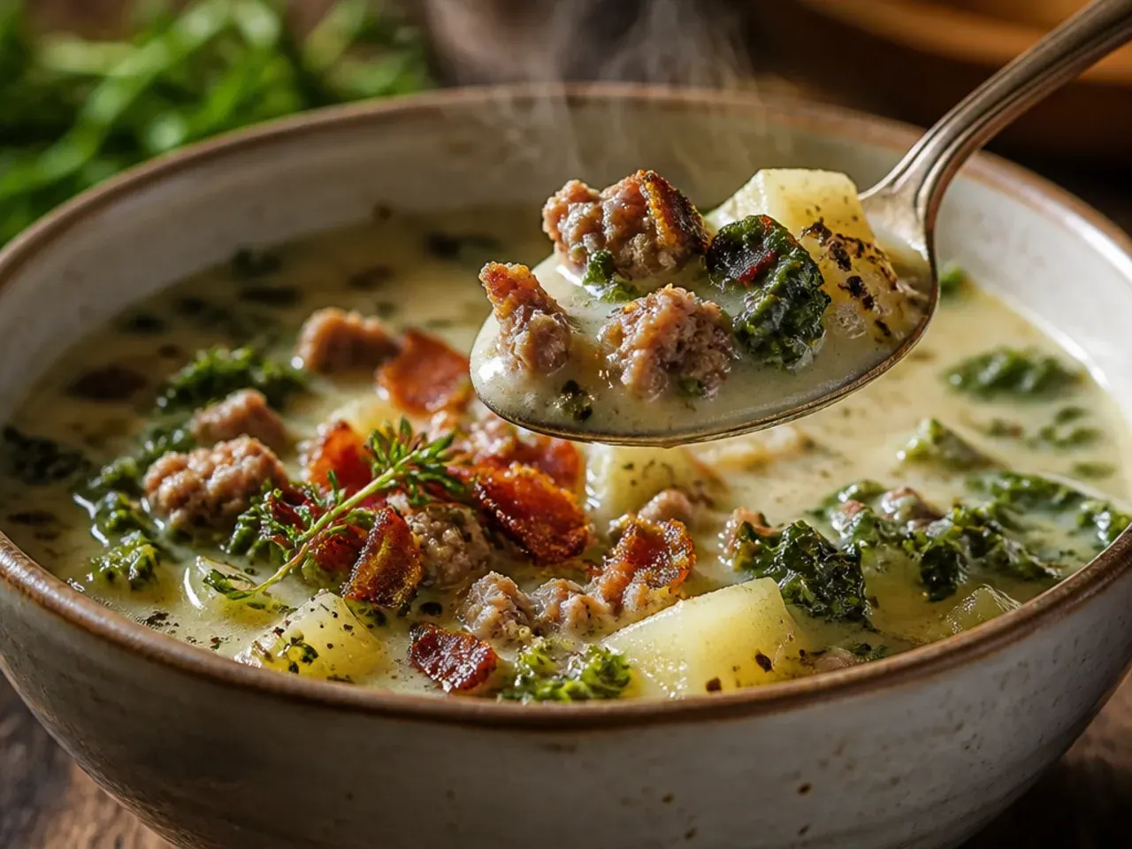 Rustic zuppa toscana soup with skin-on potatoes and torn sourdough bread