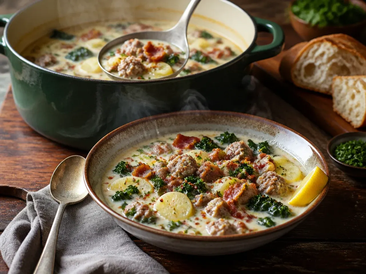 Loaded zuppa toscana soup topped with bacon, sour cream and spring onion