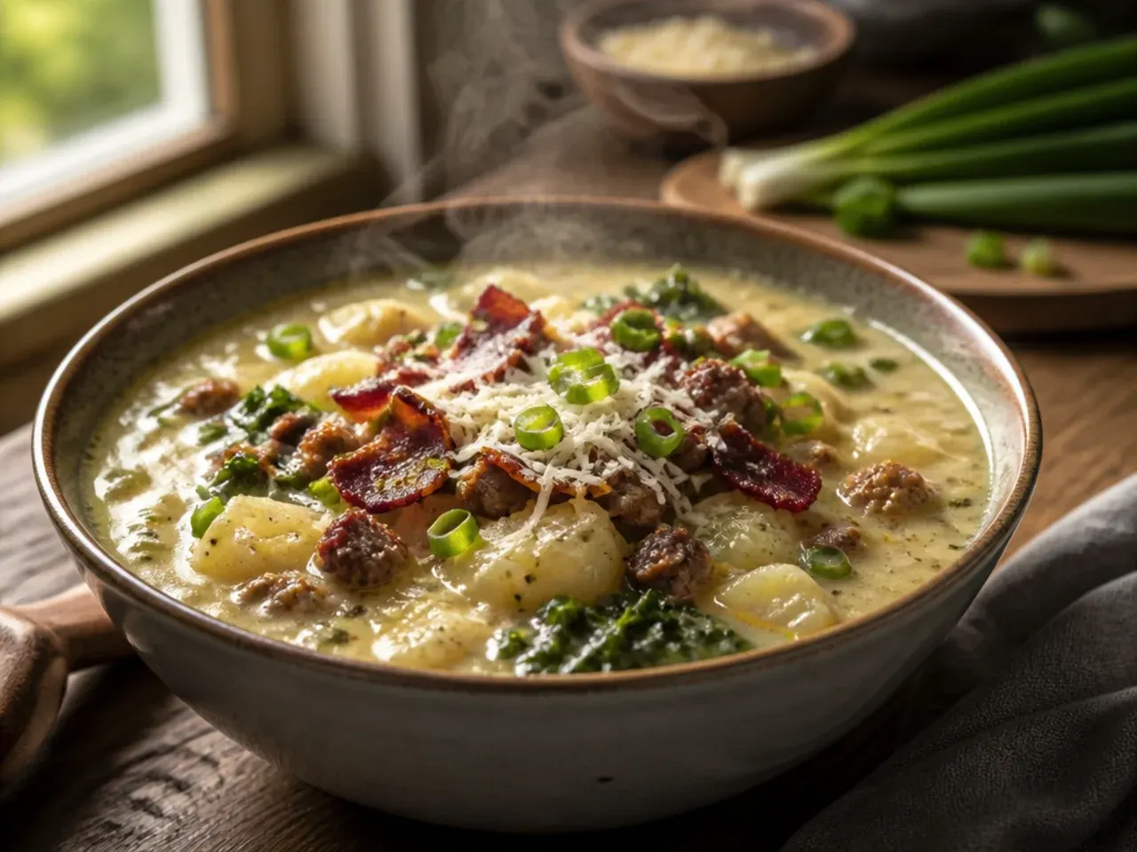 Family-style zuppa toscana soup with spinach and diced potatoes in kid-sized bowls