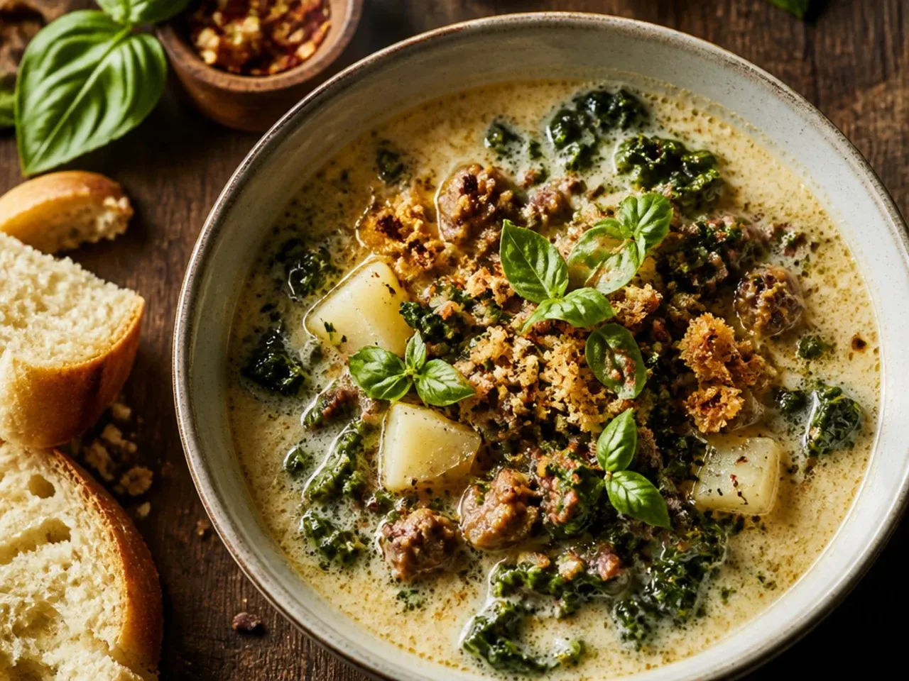 Best-ever zuppa toscana soup with layered bacon and sausage in a Dutch oven