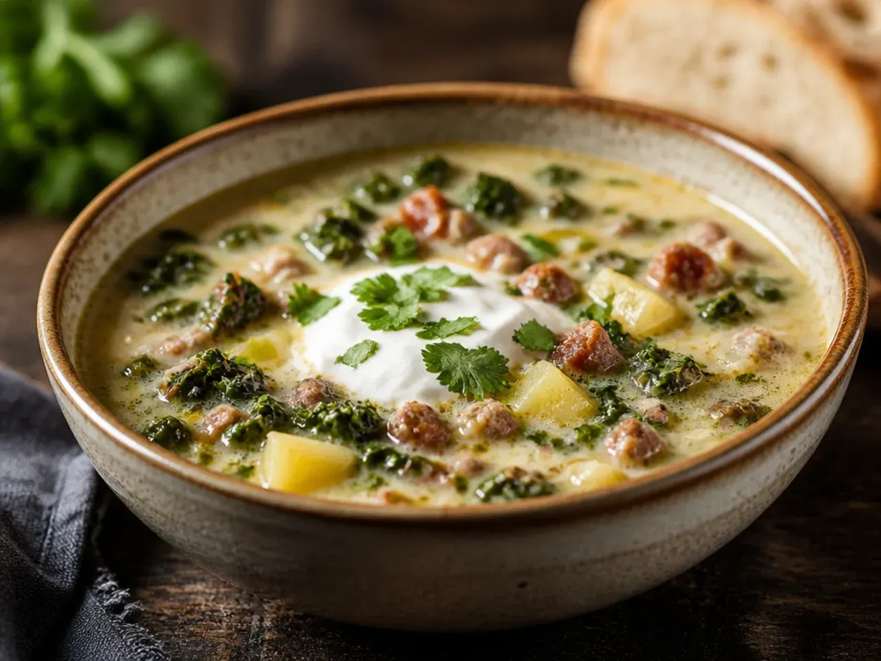 One-pot zuppa toscana soup simmering in a large Dutch oven