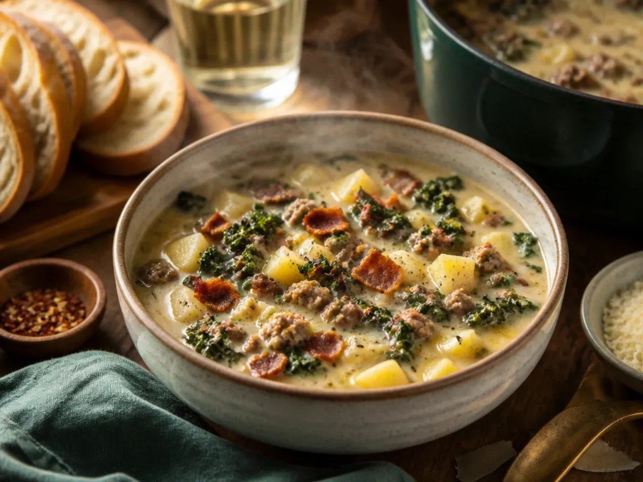 Bowl of zuppa toscana soup served with crusty bread and a side salad