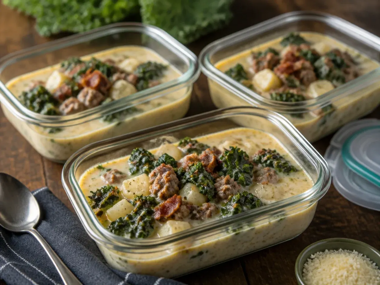 Zuppa toscana soup stored in a glass airtight container in the fridge
