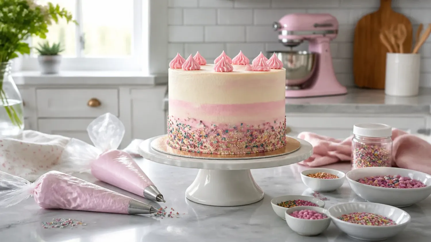 A home kitchen counter mid-baking with a pastel party cake