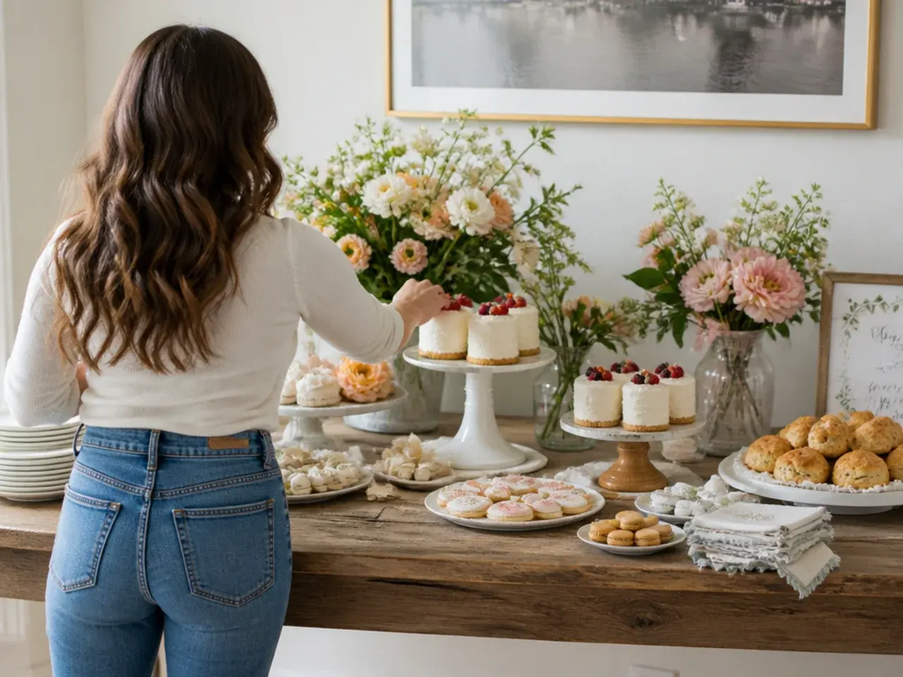Ella arranging a dessert table with mini cakes